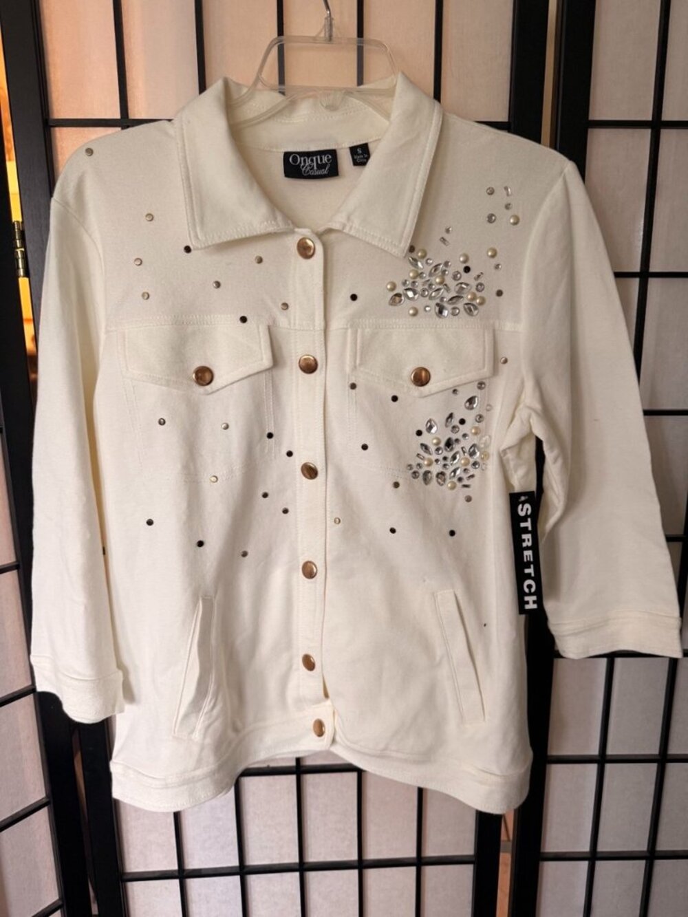 Onque Casual NWT Ivory Embellished Stretch Jacket Rhinestones Pearls Studs S